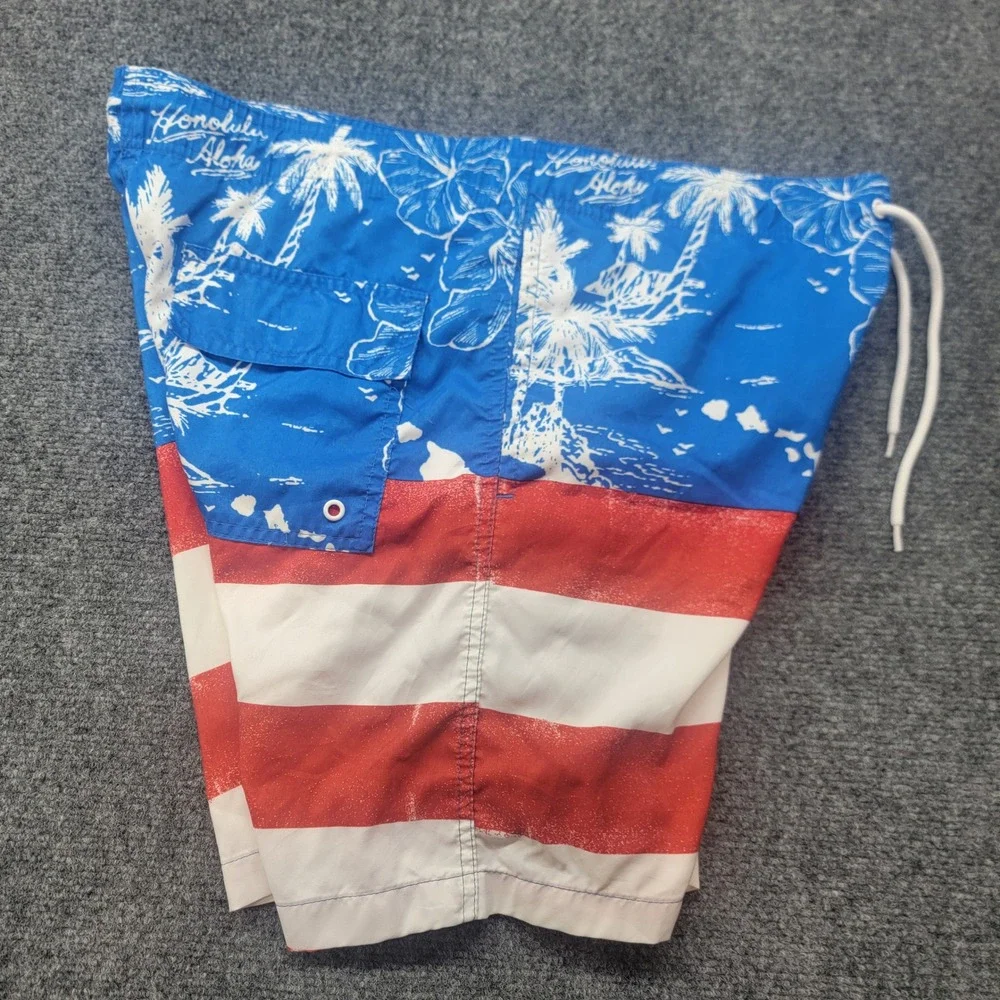 Arizona Jean Co Mens Medium Swim Trunks American Flag Honolulu Aloha Blue Red